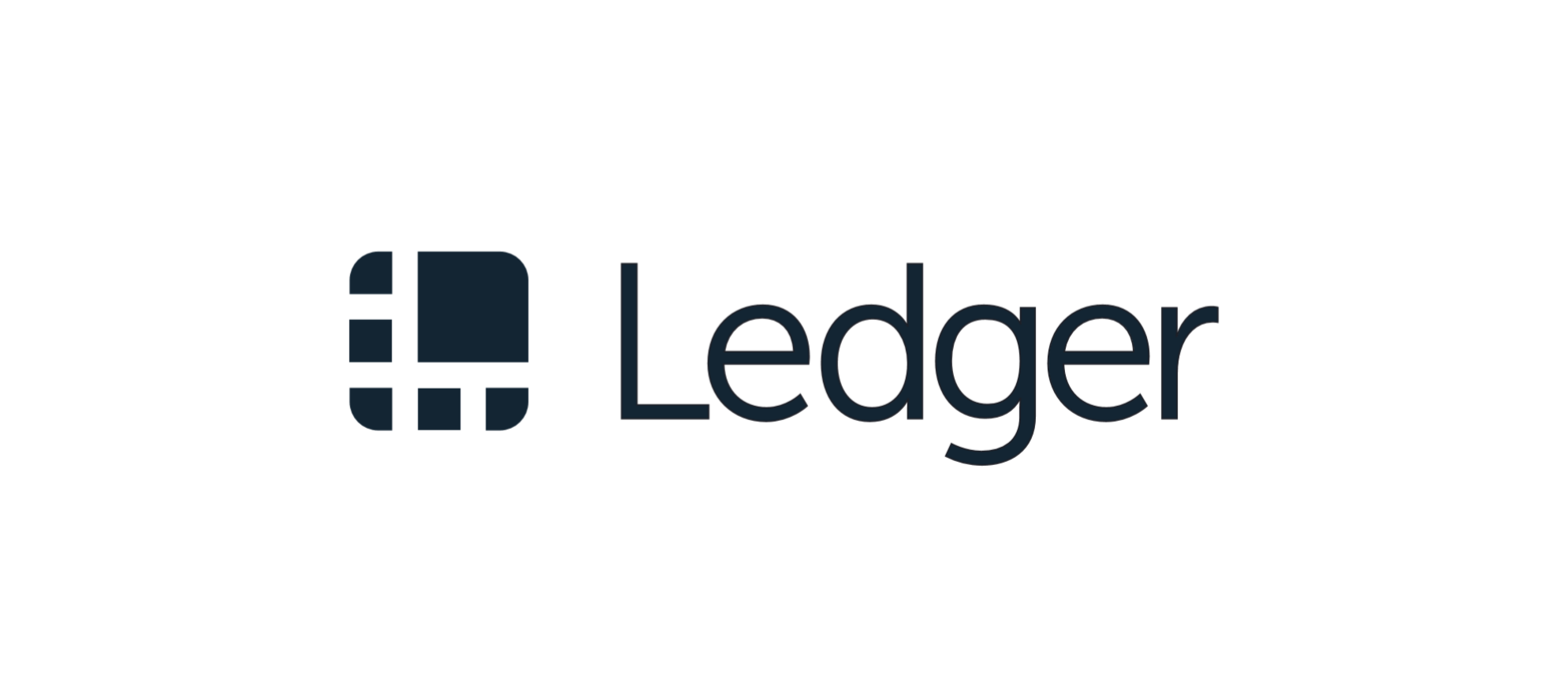Ledger logo with a dark blue icon resembling a piece of paper with a short side folded, and the word 'Ledger' in dark blue next to it.