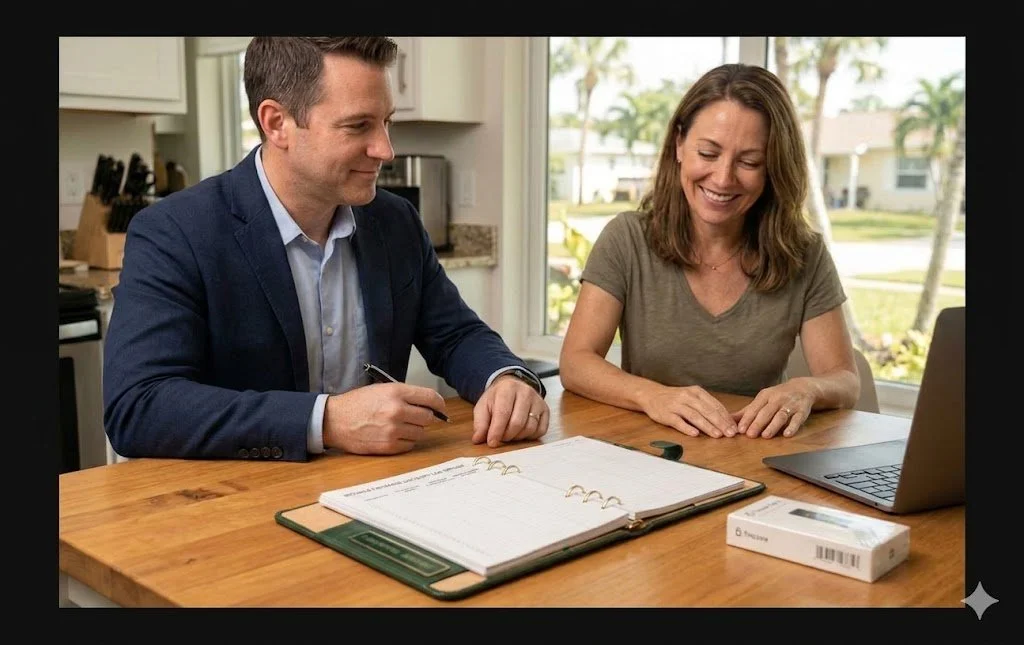 A man in a blue suit and a woman in a gray t-shirt sitting at a wooden table with a laptop, open planner, and medicine box, smiling during a conversation in a bright kitchen with windows and a view of a suburban neighborhood.