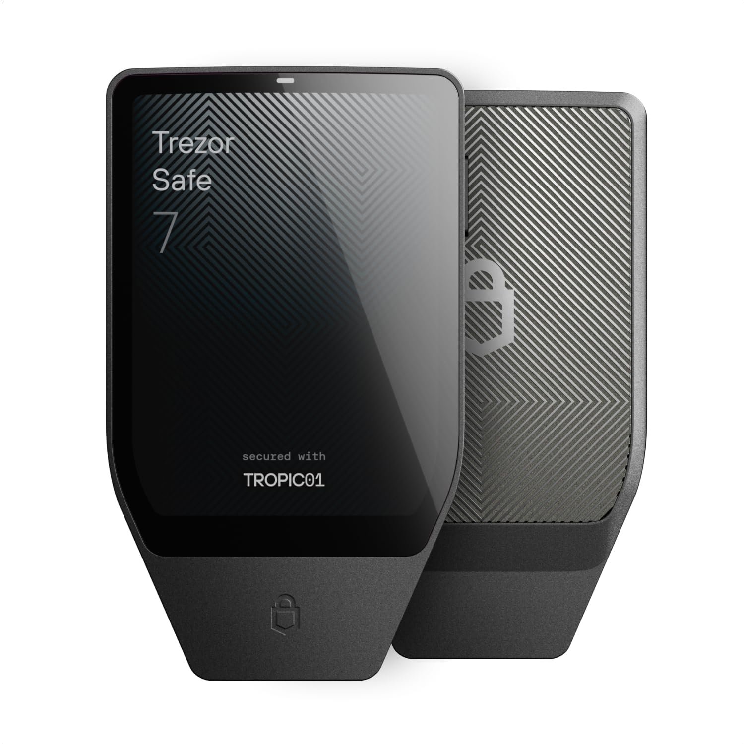 A black Trezor hardware wallet for cryptocurrency storage, displaying the words 'Trezor Safe 7' on its screen, with a patterned back panel.