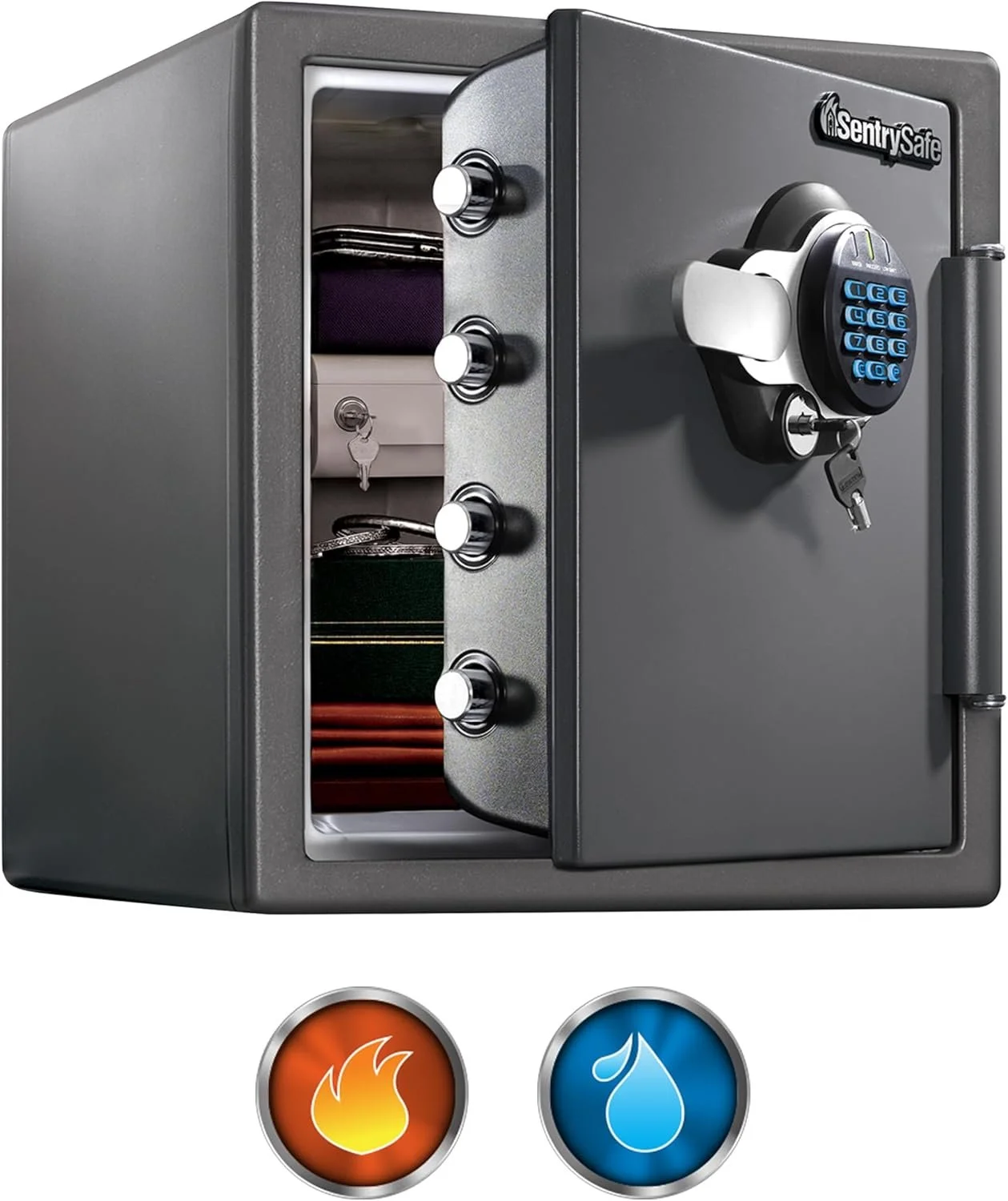 A gray electronic safe with its door slightly open, revealing a key inside. The safe has a digital keypad lock and a combination dial. Below the safe are icons representing fire and water protection.