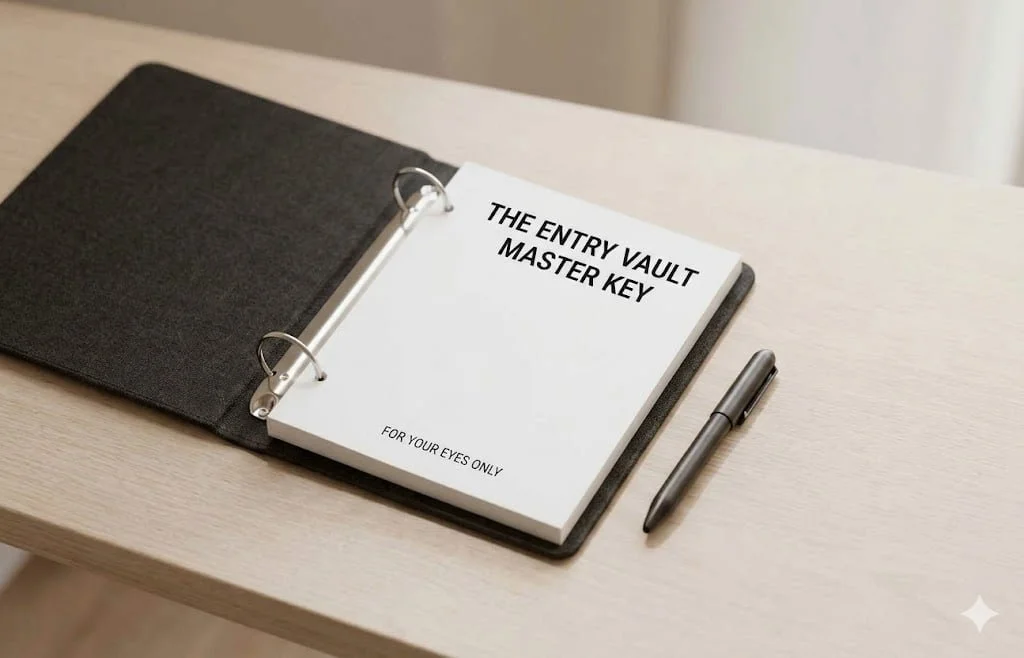 A black binder with a ring binding, open to reveal a white notebook labeled "The Entry Vault Master Key" and "For Your Eyes Only," placed on a light-colored wooden surface next to a metallic pen.