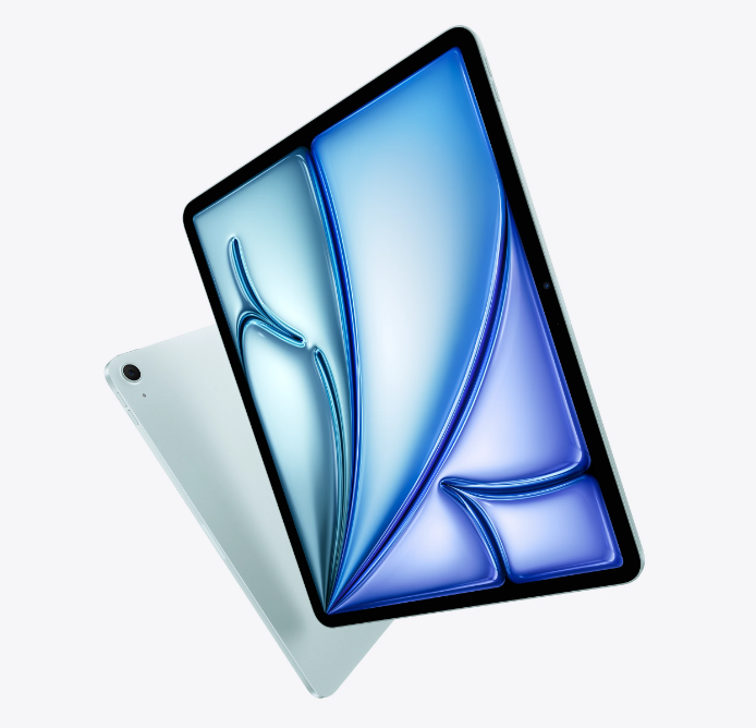 Front and back view of a modern smartphone, with a large display showing abstract blue design.