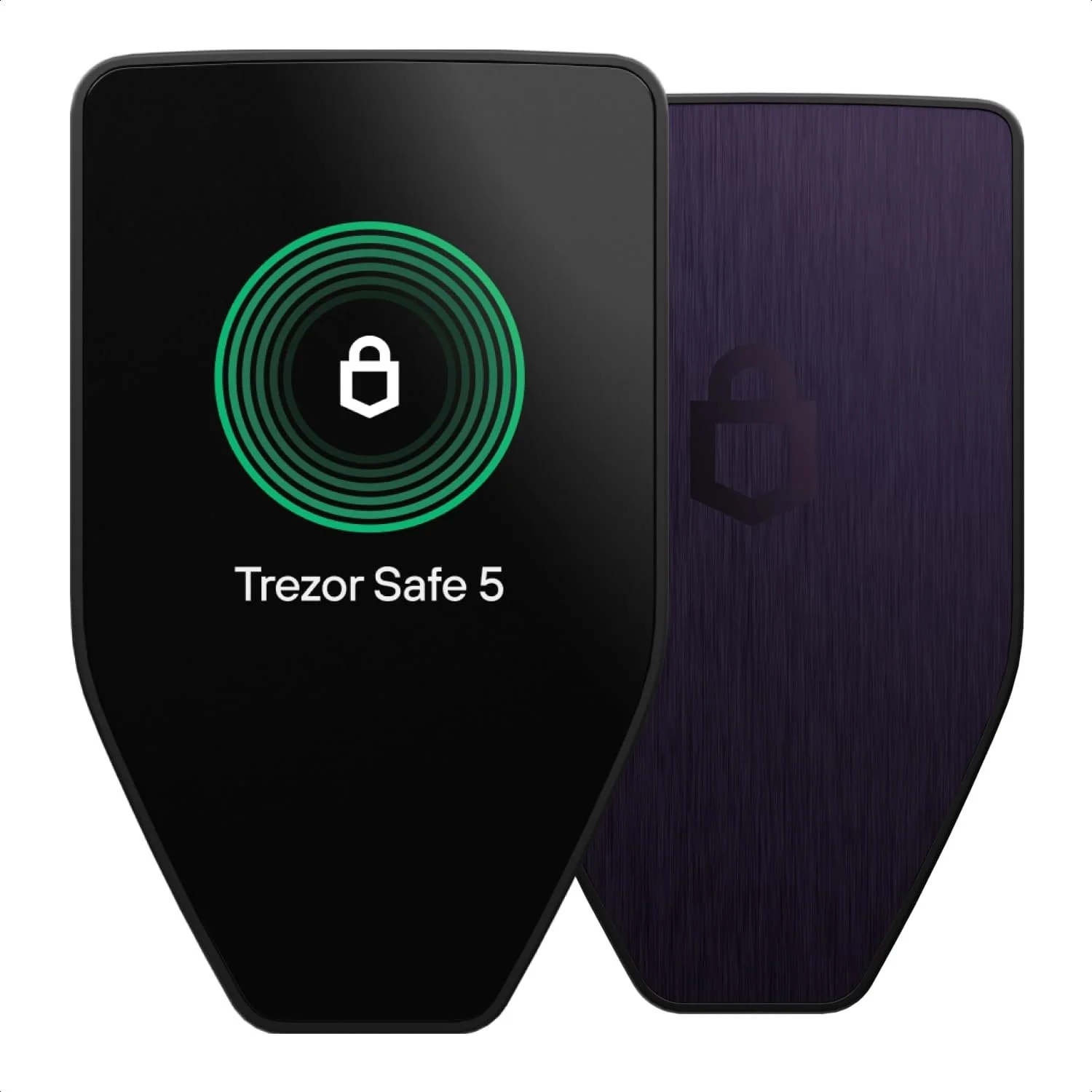 A digital image showing a black-topped digital lock device with green concentric circles surrounding a white lock icon, and the text "Trezor Safe 5". Behind it, there is a purple device with a faint lock icon superimposed on it.