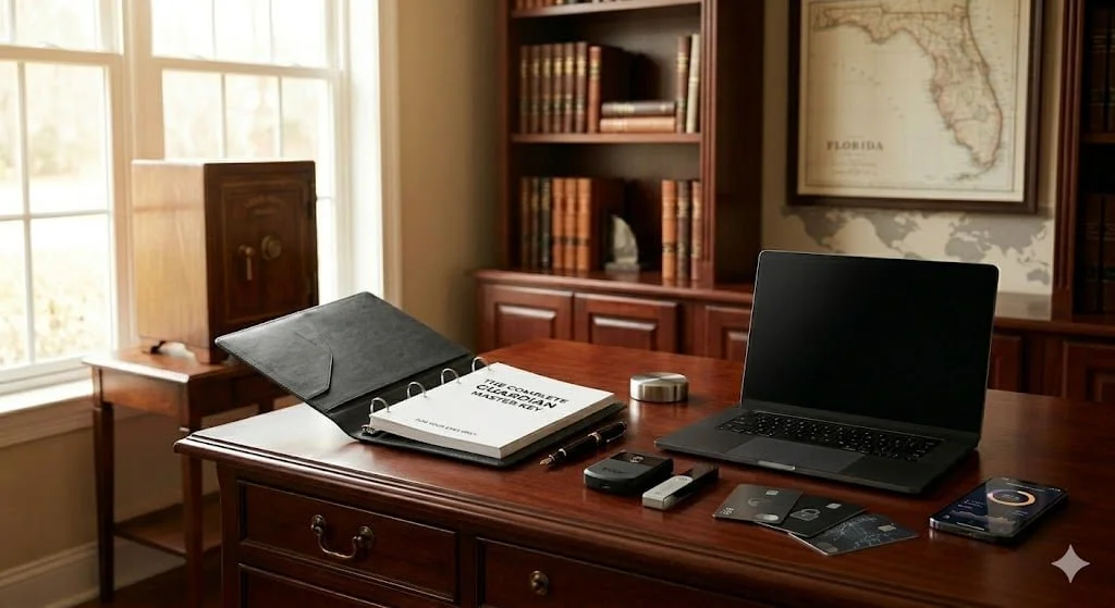 A wooden desk in a home office with a laptop, flash drives, business cards, a folder, and a notebook. Behind the desk are bookshelves with books and a framed map of Florida.