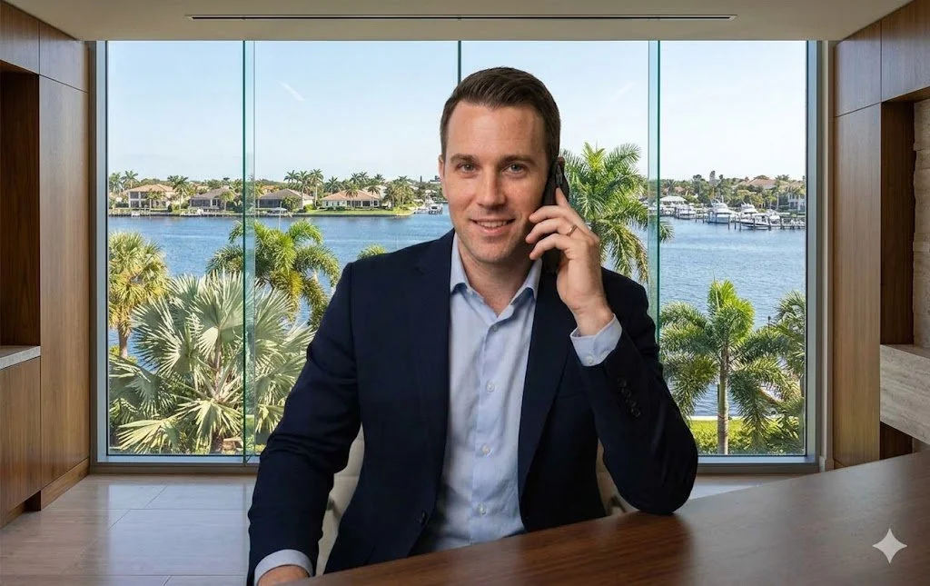 A man in a suit sitting at a desk, talking on a phone, with a large window overlooking a lake and palm trees in the background.