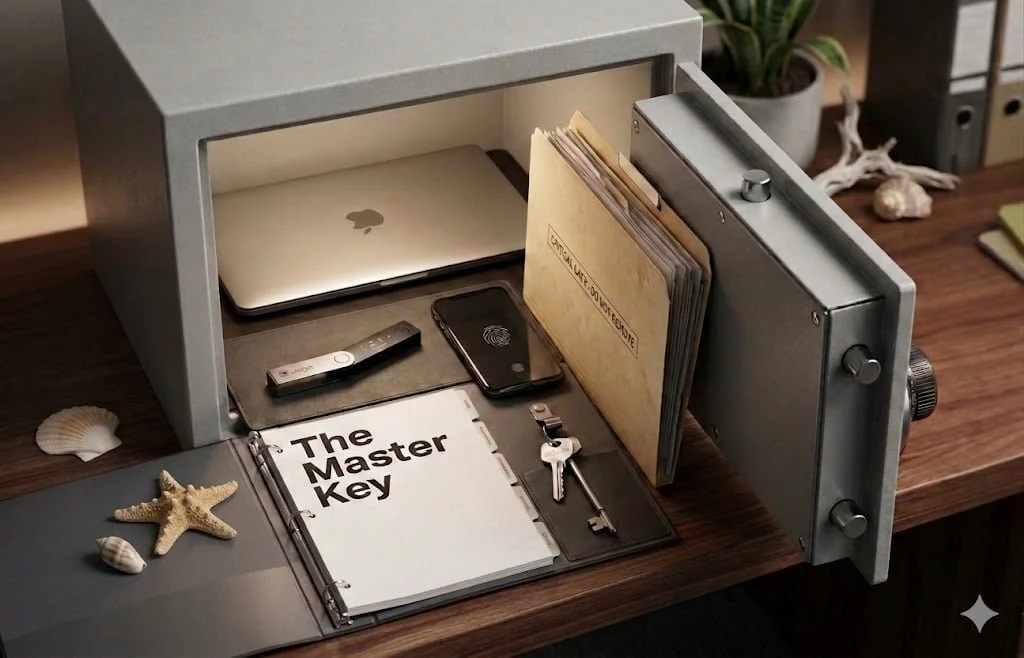 A secure locker with a drawer open, containing a laptop, a key card, a stack of files labeled 'The Master Key,' and a set of keys. The desk has seashells and a starfish, with a potted plant and files in the background.