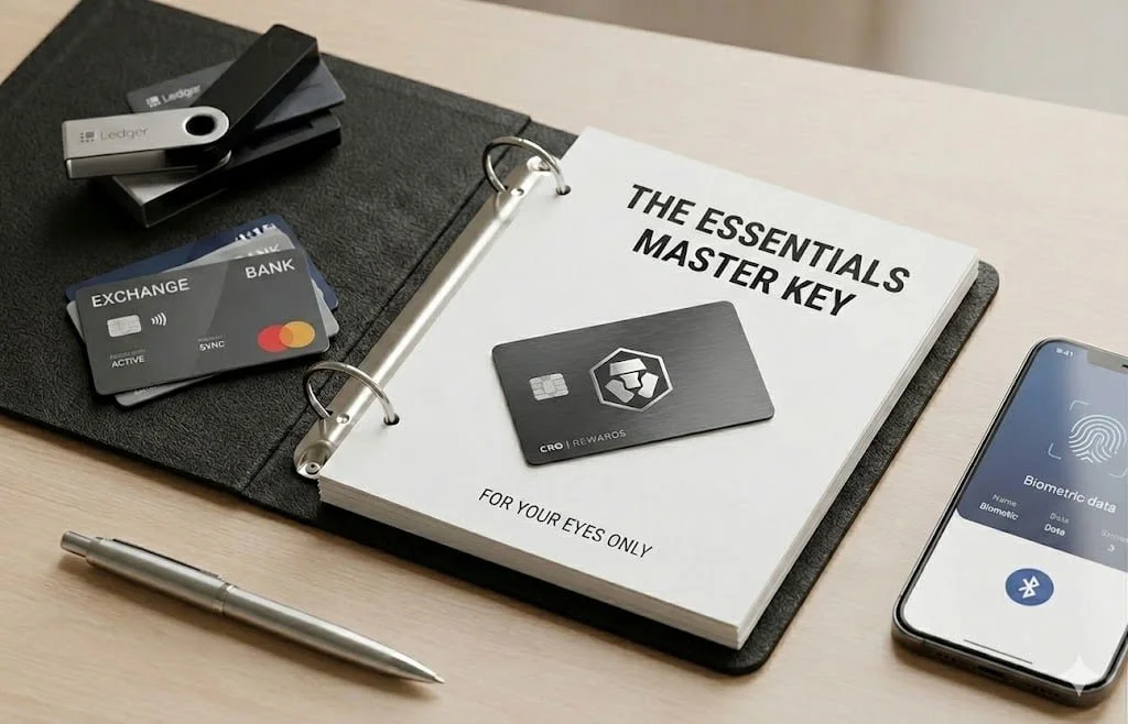 A desk with a black binder holding a booklet titled "The Essentials Master Key," a black crypto card placed on the booklet, a small stack of USB drives, a pen, a smartphone displaying biometric data, and credit cards, including a Mastercard and a bank card.