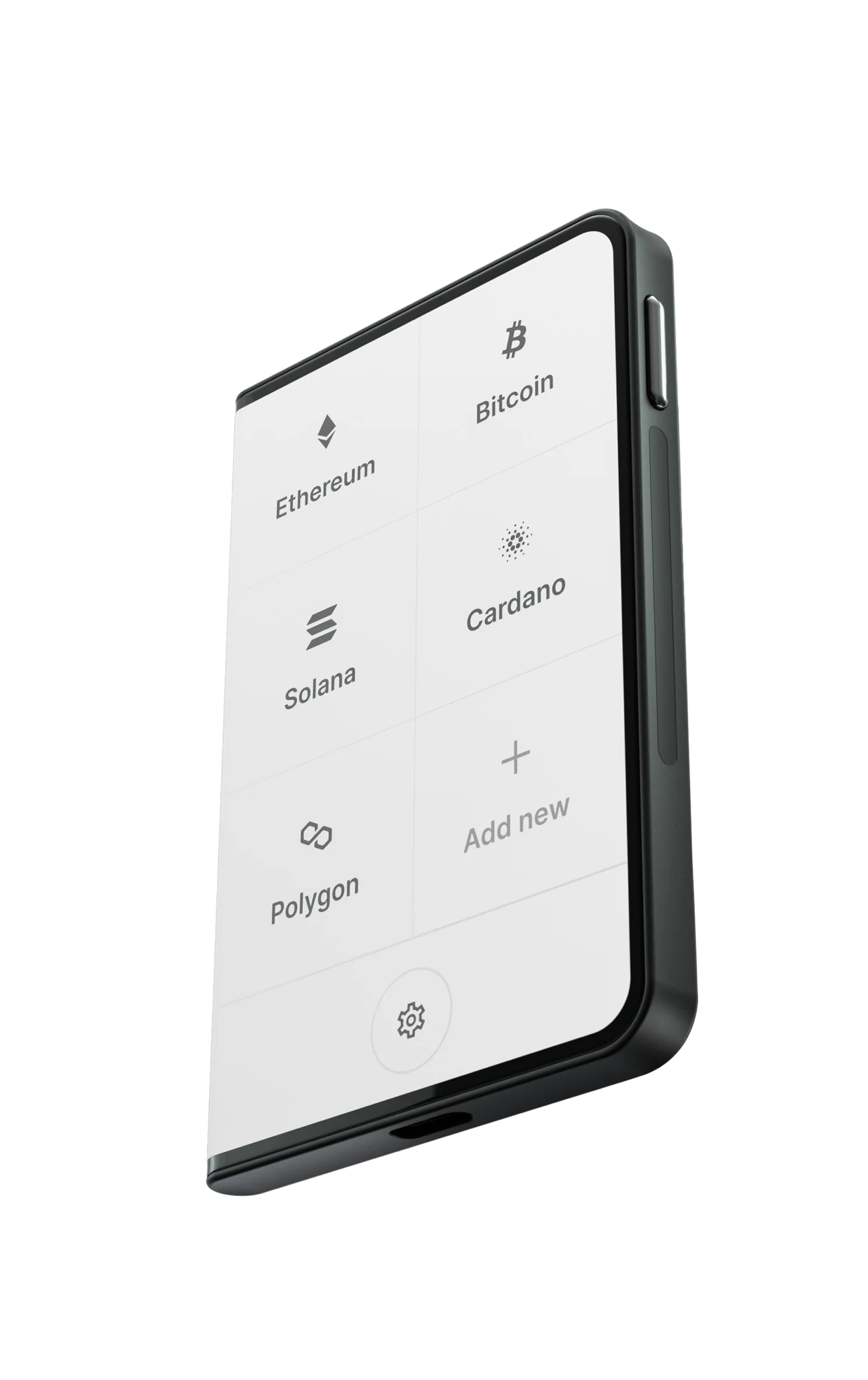 Smartphone screen displaying various cryptocurrencies including Ethereum, Solana, polygon, Bitcoin, and Cardano with options to add new cryptocurrencies.