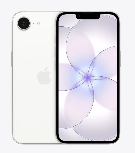 White smartphone with a large display showing a floral abstract background, and a single rear camera on the side.