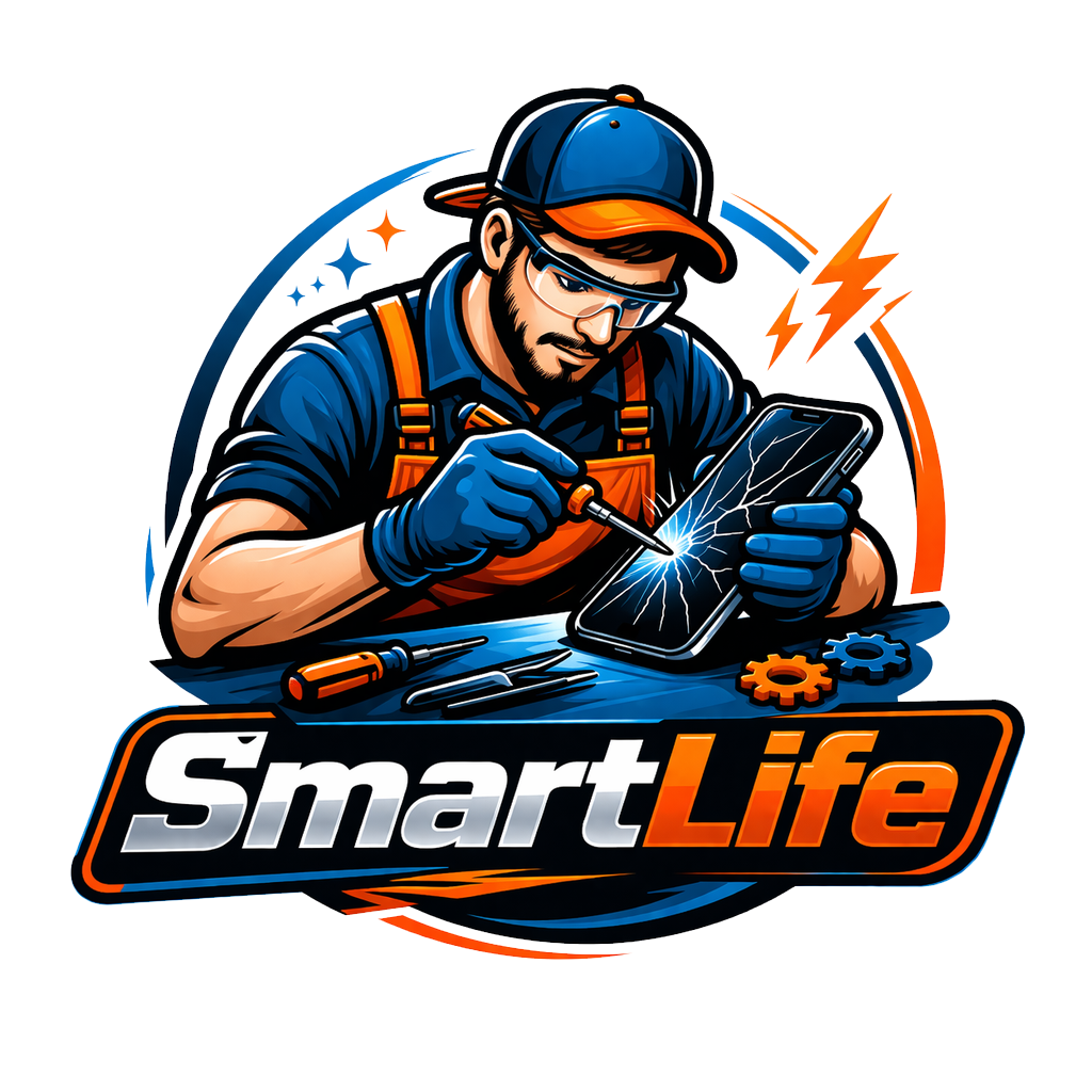 Un technicien répare un téléphone portable avec un tournevis, dans un style de logo cartoon. Le texte sous l'image dit 'Smart Life'.