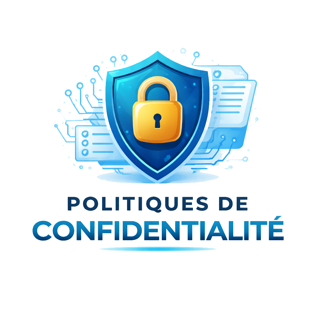 Illustration d'un bouclier avec un cadenas doré devant un fond de fichiers et de données, avec le texte "Politiques de Confidentialité" en dessous.