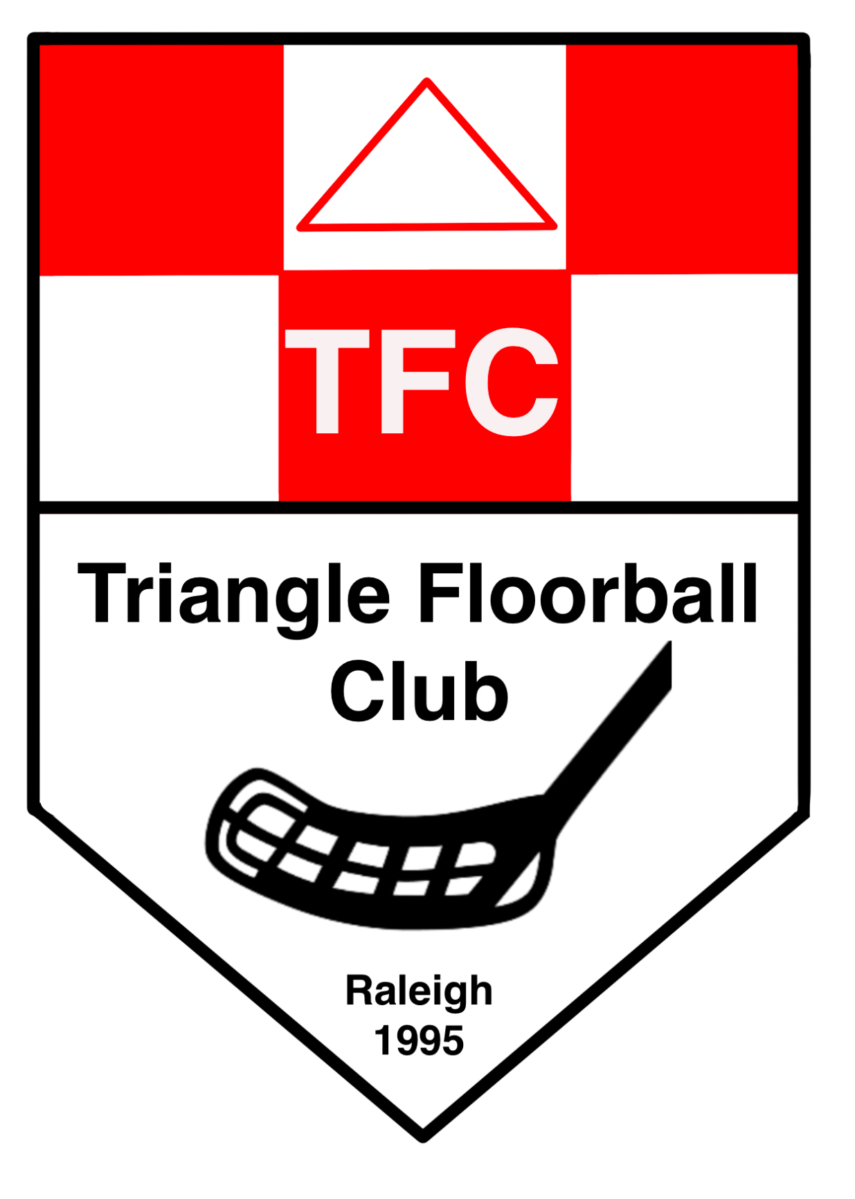 A logo for Triangle Floorball Club featuring a red, white, and black shield with a triangle shape at the top, the letters 'TFC' in the center, and a floorball stick with a net at the bottom, along with the text 'Raleigh 1995'.