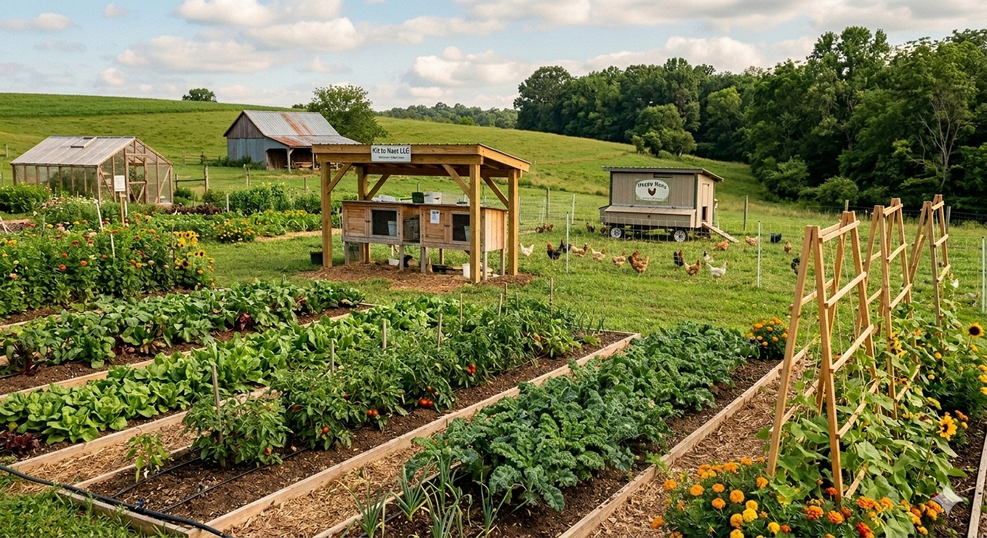 A organic alternative farm with vegetable garden beds, a chicken coop, rabbity with hutch kit, and chickens roaming in a fenced pasture surrounded by rolling green hills and trees under a partly cloudy sky, all displaying sustainable agriculture.