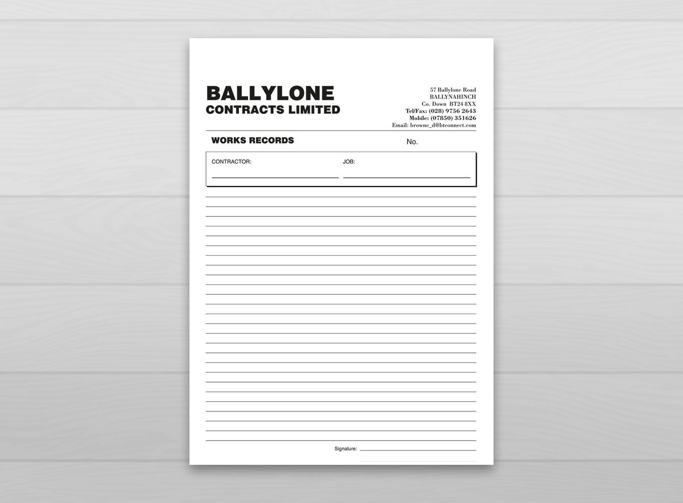 Invoice printed for a business in Ballynahinch.
