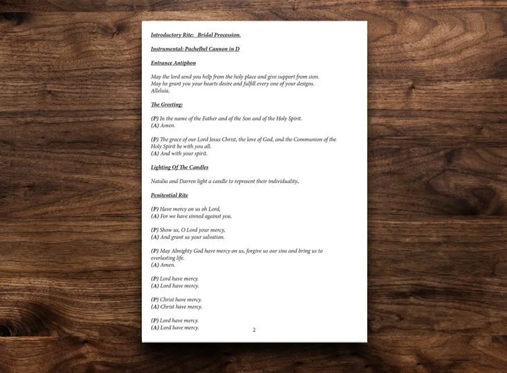 Wedding order of service booklet printing on paper for the couple's big day.