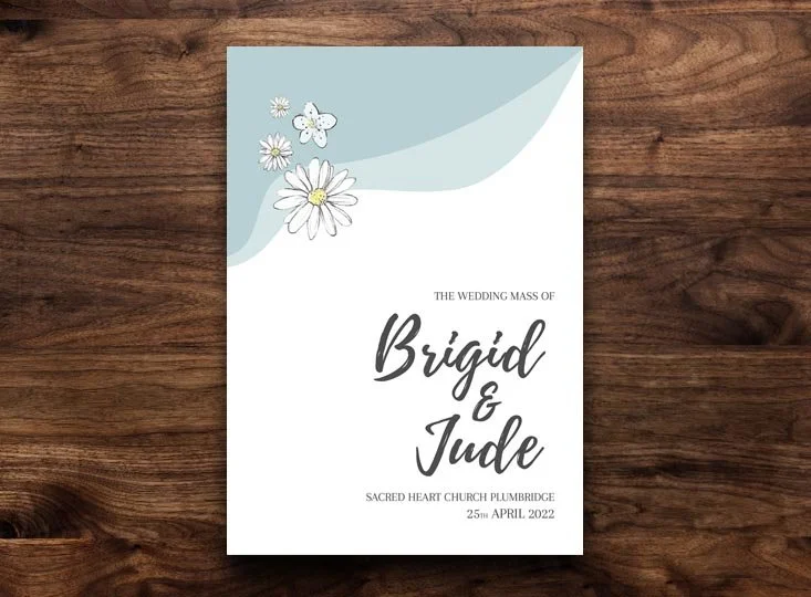 Wedding booklet printing in Portadown on a colour-heavy card front cover.