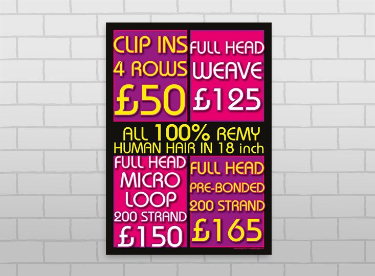 Square cut posters printed in full colour for a shop in the city.