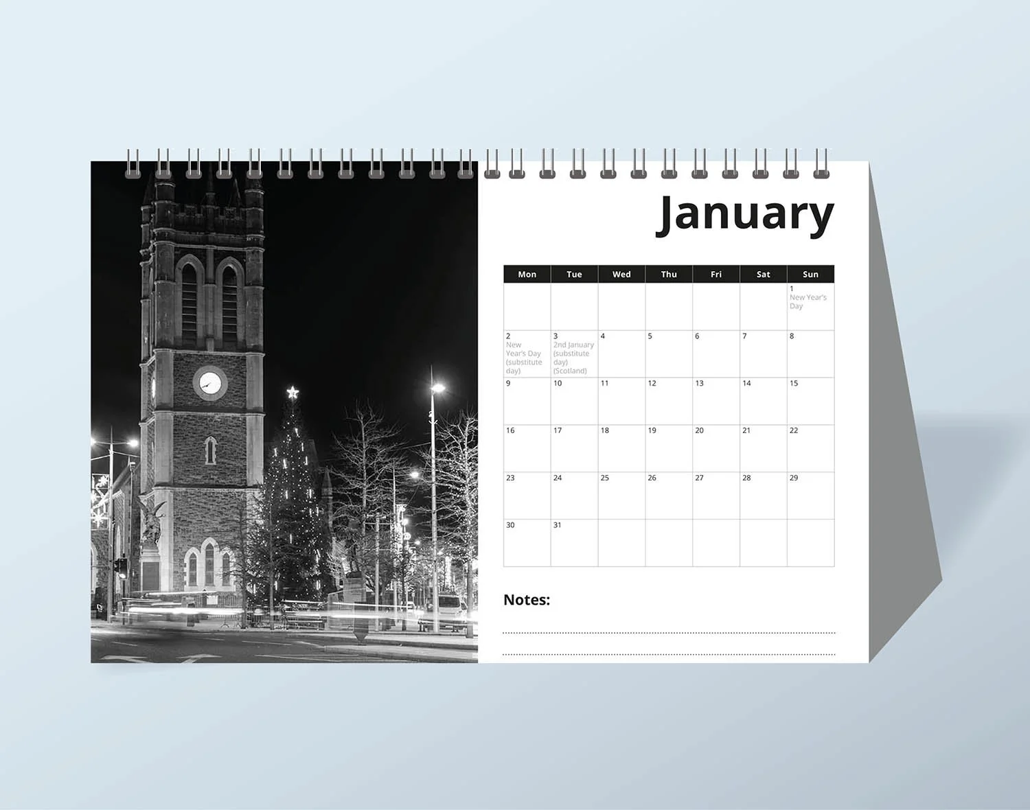 A5 landcape desk calendar wirobound at top edge for a client in Craigavon.