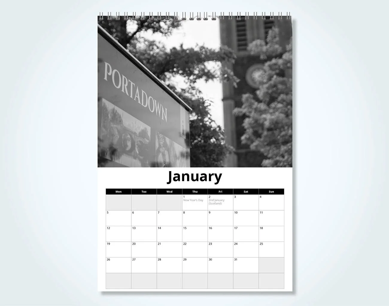 January page with image of Portadown town centre and wiro bound at the top.