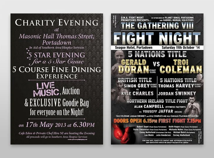 A3 digital printing in Portadown for two businesses, one a charity event and the other an event.