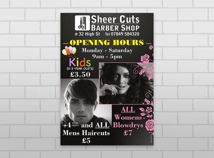 Printed posters in Poradown town centre, which can be full colour and are one-sided, so that you can put up a wall with whatever information you want.