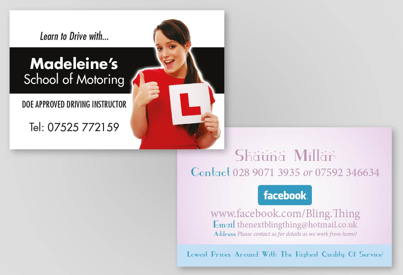 Square cut business cards for customers in Belfast city.