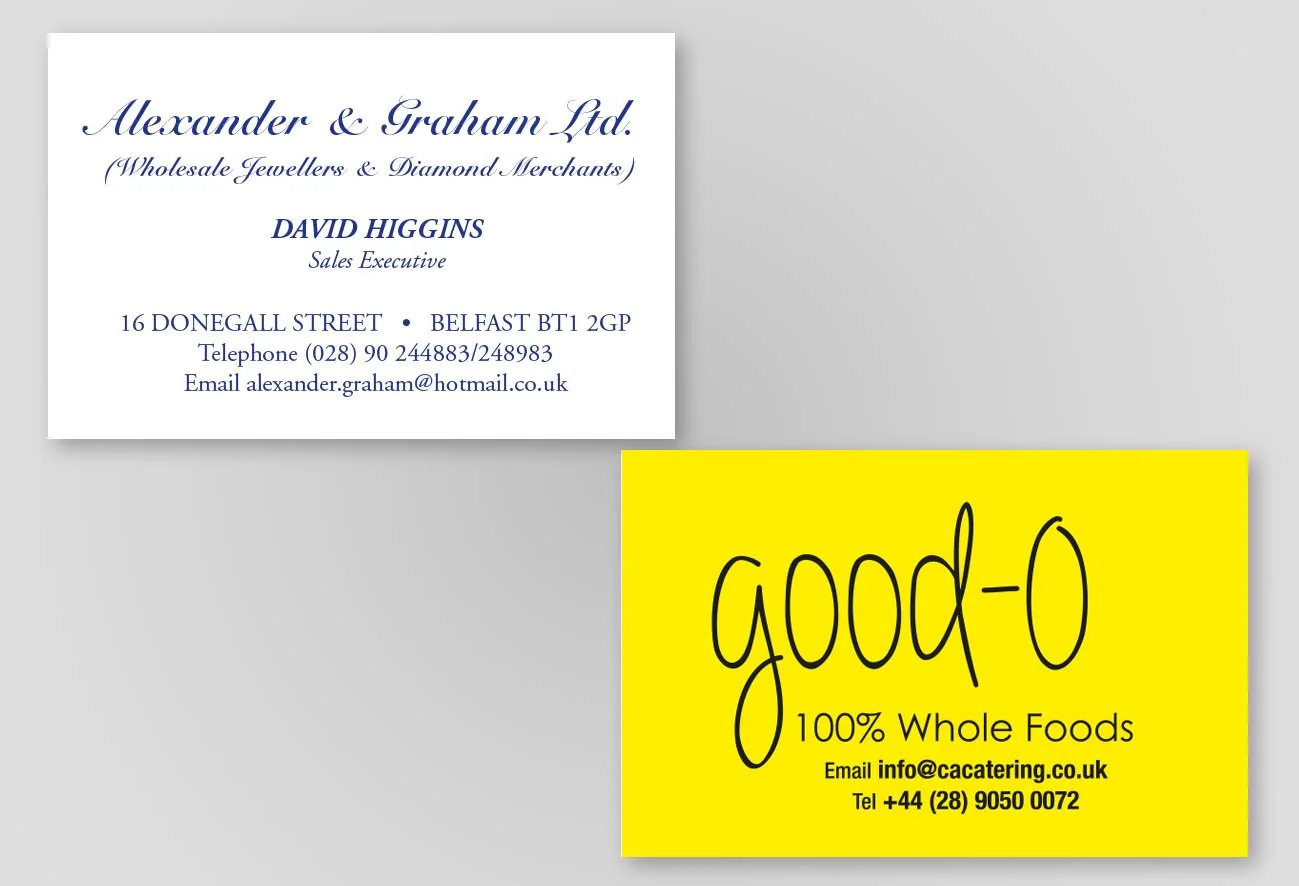 These companies ordered business cards online from Belfast city centre.  Both are gloss laminated for extra durability.