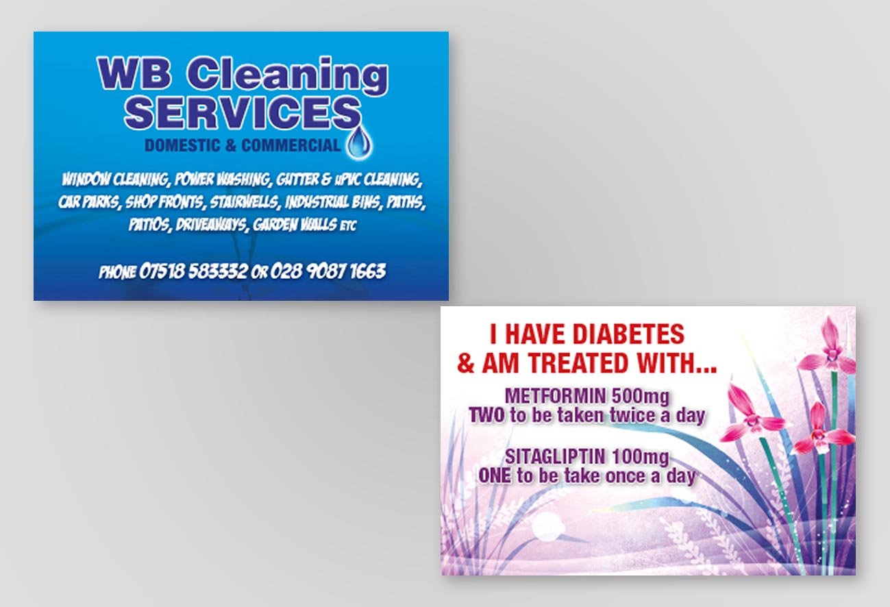 Square business cards for businesses.  The lamination is a plastic coating making the cards last longer.