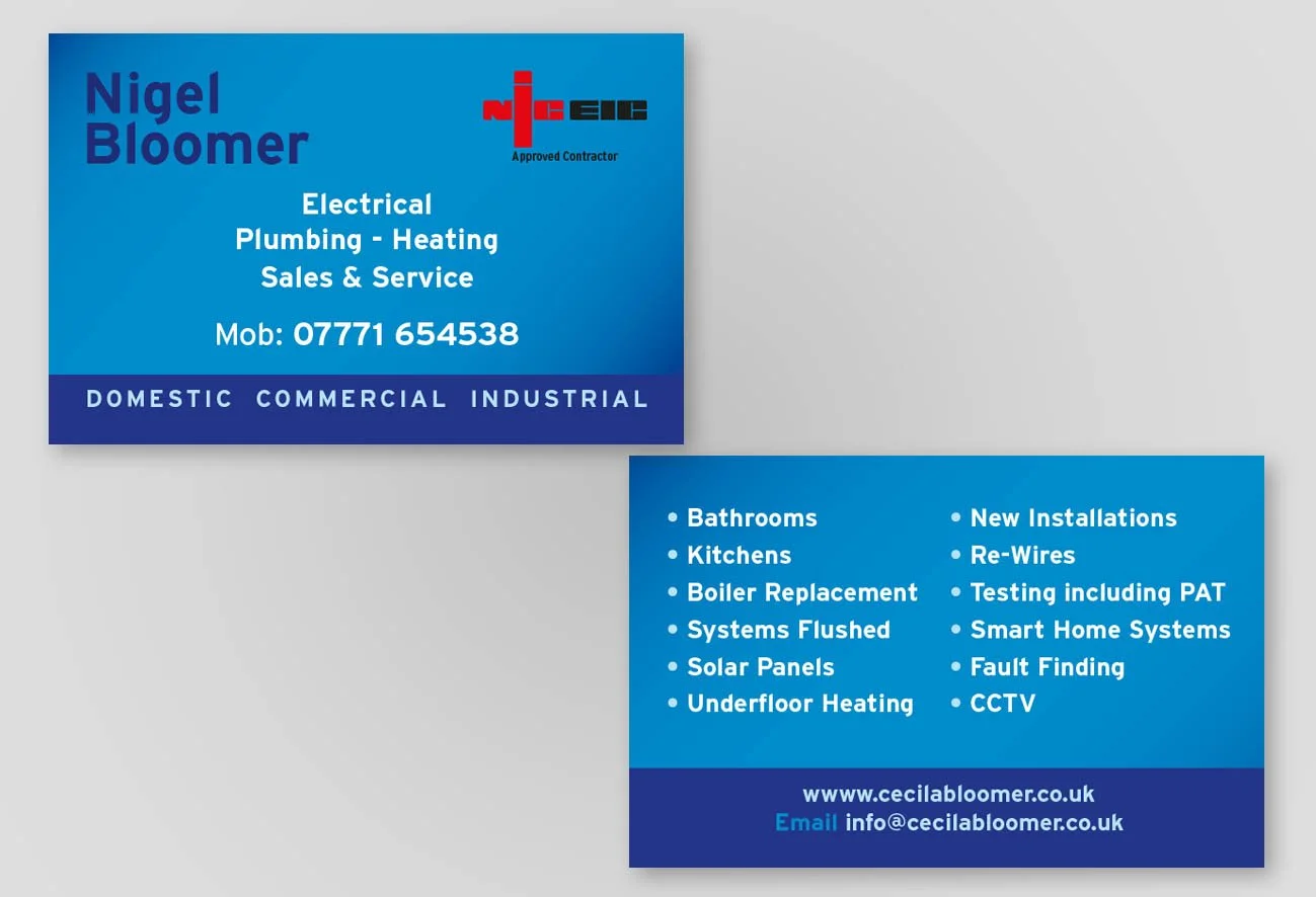 2-sided business cards printed onto heavy 350 gsm and matt laminated on both sides for a plumber in Mahon Road, Portadown.