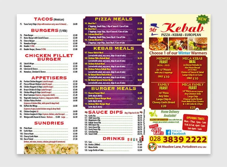 Full colour DL menus printed for a shop in Portadown.
