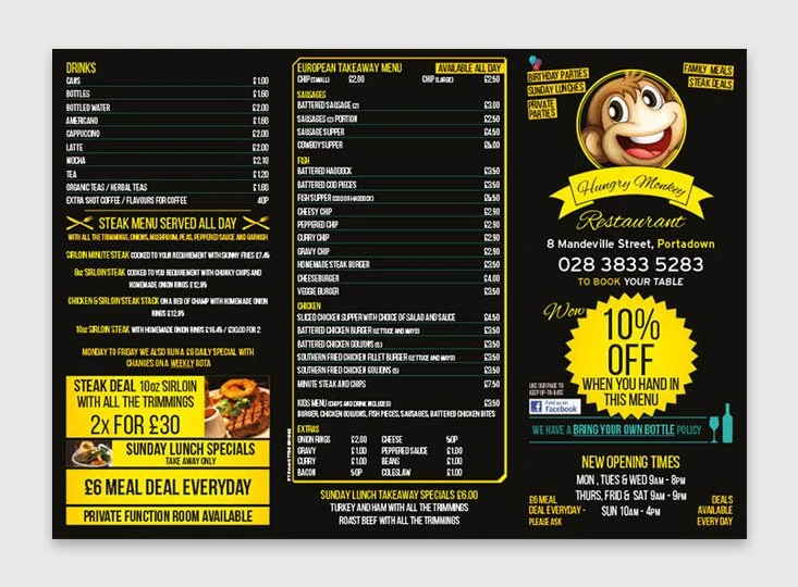 Outside of the menu printed for a restaurant in Portadown town centre.
