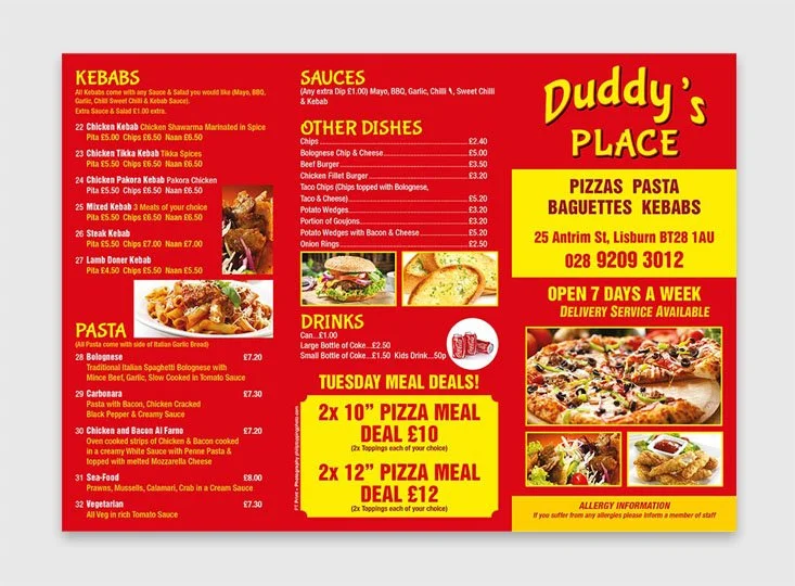 Trifold menu printing in Lisburn, which is about a 15-minute drive from Belfast, is printed in full colour on both sides on 130 gsm gloss paper.