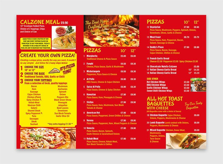 Laminated menu printing on 130gm gloss tri-fold and delivered.  Also called plastic menu printing meaning.