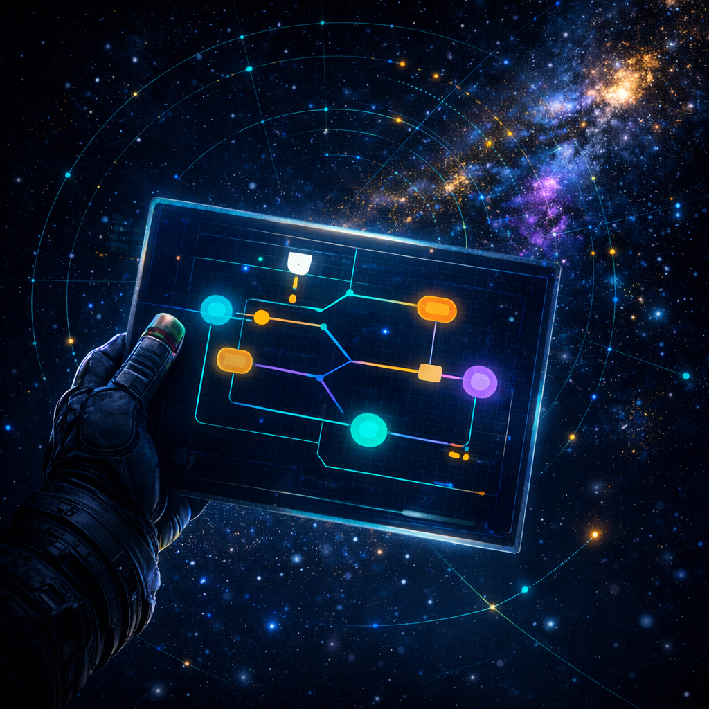 A person wearing a glove is holding a transparent tablet displaying a digital star map or constellation diagram against a backdrop of outer space with stars and galaxies.