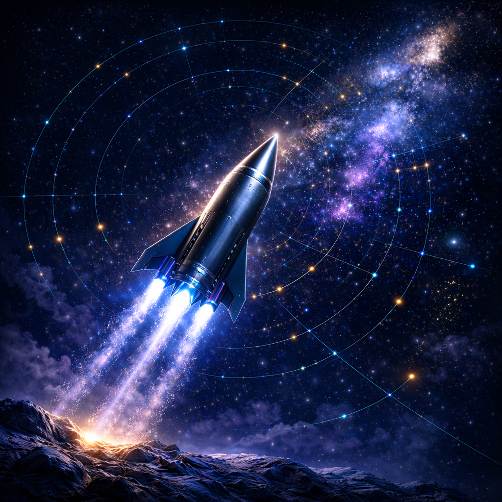 A rocket launching from a planet's surface into space with stars and the Milky Way galaxy in the background, and concentric circles of light around the rocket.