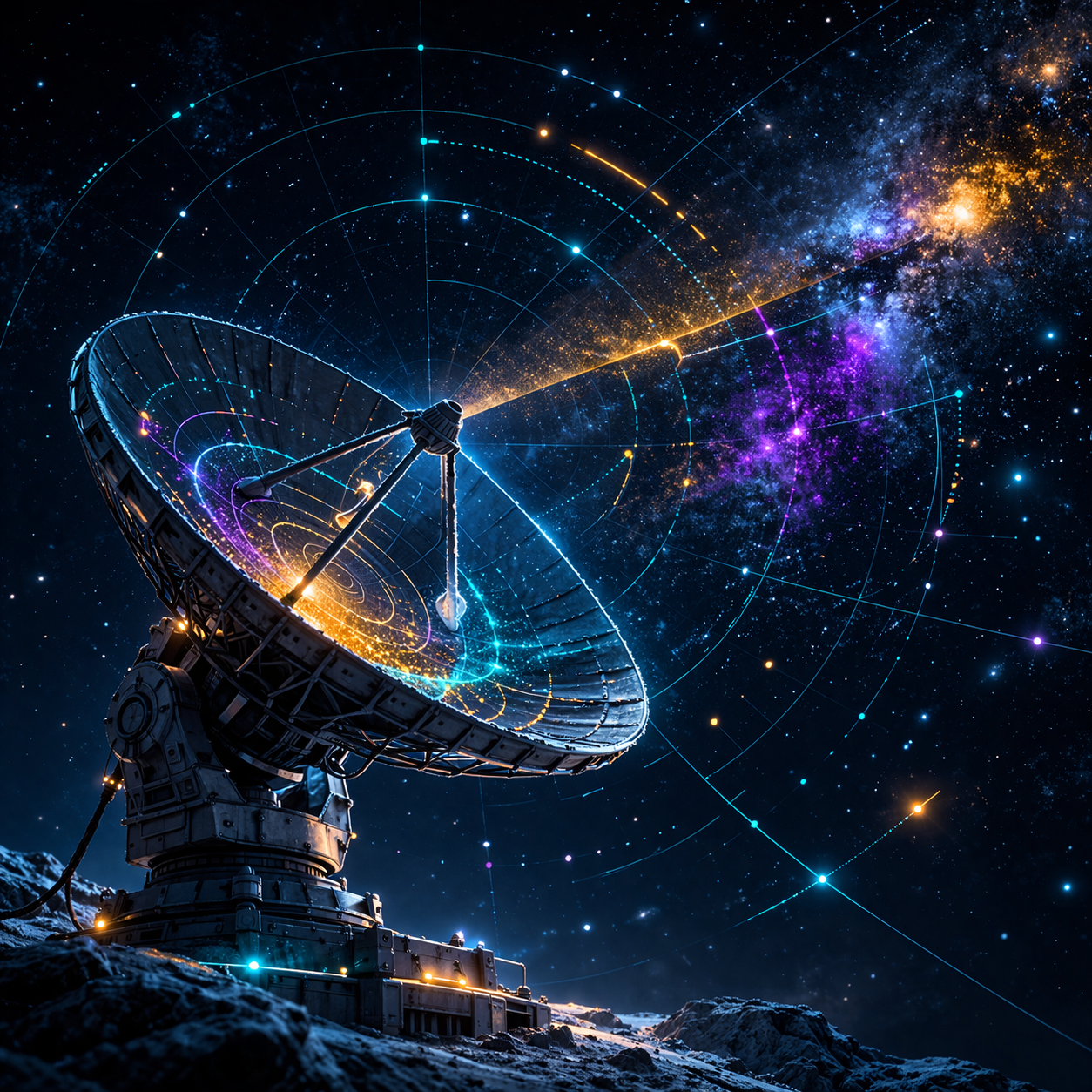 A large radio telescope dish on the moon with a starry outer space background, including nebulae and bright stars.