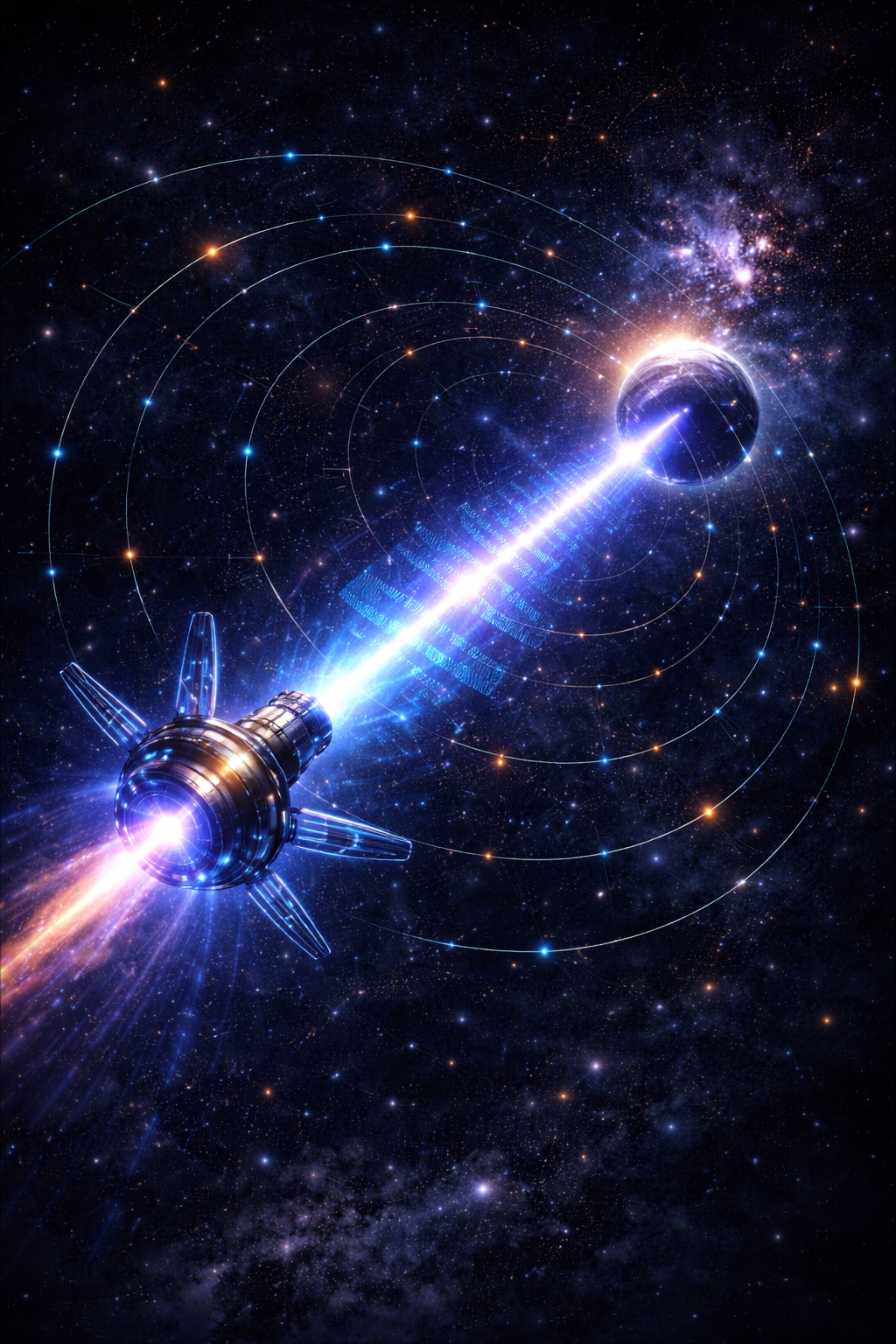 Futuristic digital illustration of a spaceship or satellite traveling through space, emitting a bright blue light and digital data streams, with stars and galaxy in the background.