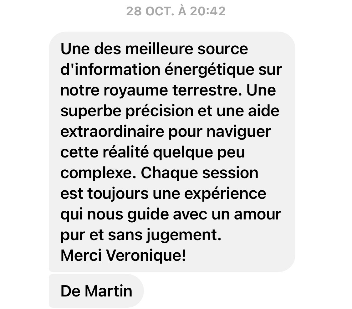 Capture d'écran d'un message texte en français exprimant la gratitude pour une expérience guidée et précise, liée à la navigation dans une réalité complexe, signé par Martin.
