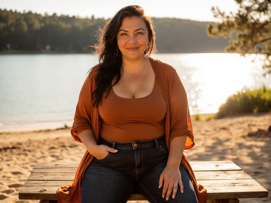 Femme souriante assise sur un banc en bois sur la plage au coucher du soleil, portant un haut orange et un manteau assorti, avec un lac en arrière-plan.