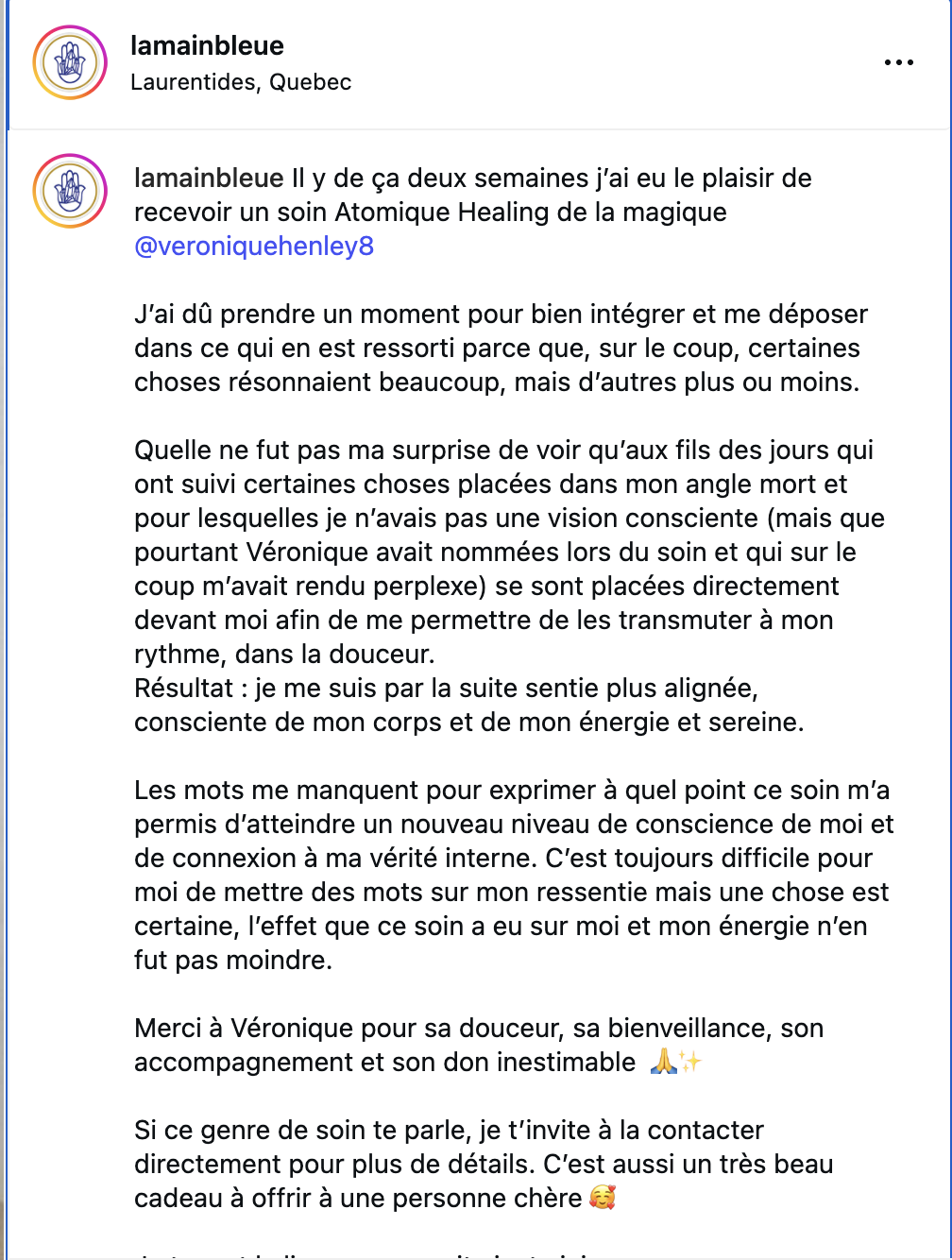 Capture d'écran d'un message de réseaux sociaux exprimant la gratitude pour un soin de healing reçu, mentionnant des expériences personnelles de croissance et de transformation intérieure.