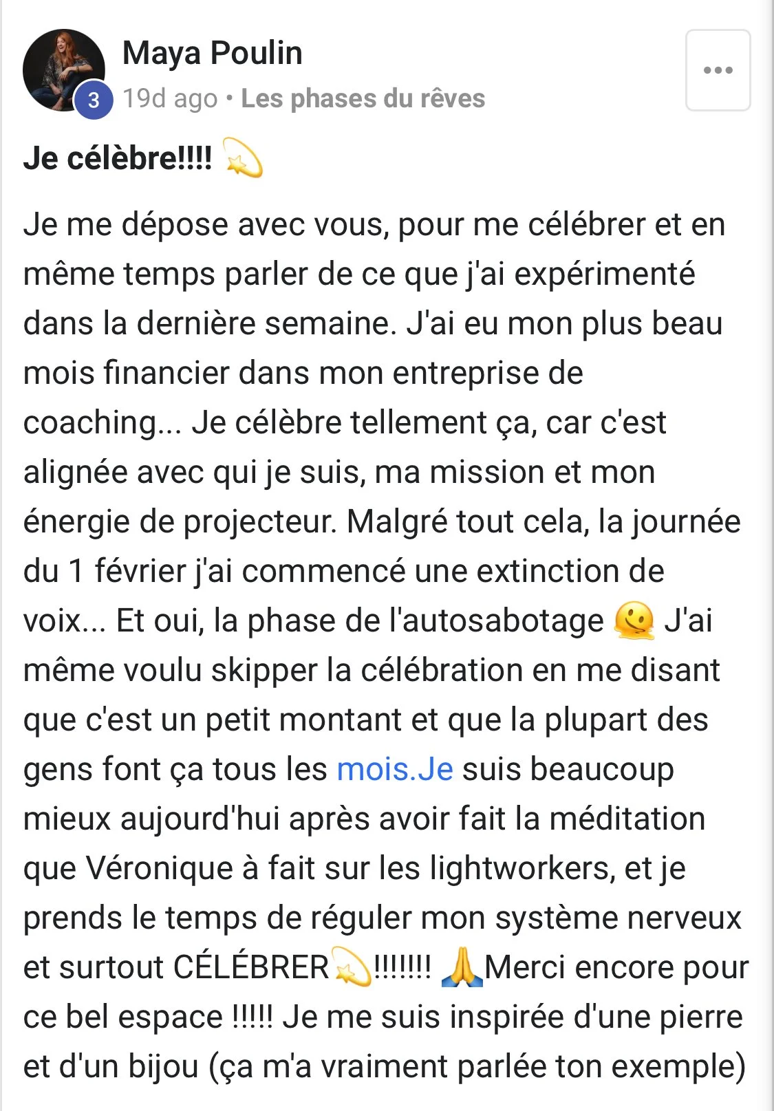 Capture d'écran d'une publication Facebook de Maya Poulin, évoquant sa célébration personnelle, ses expériences récentes, sa méditation et l'autosabotage.