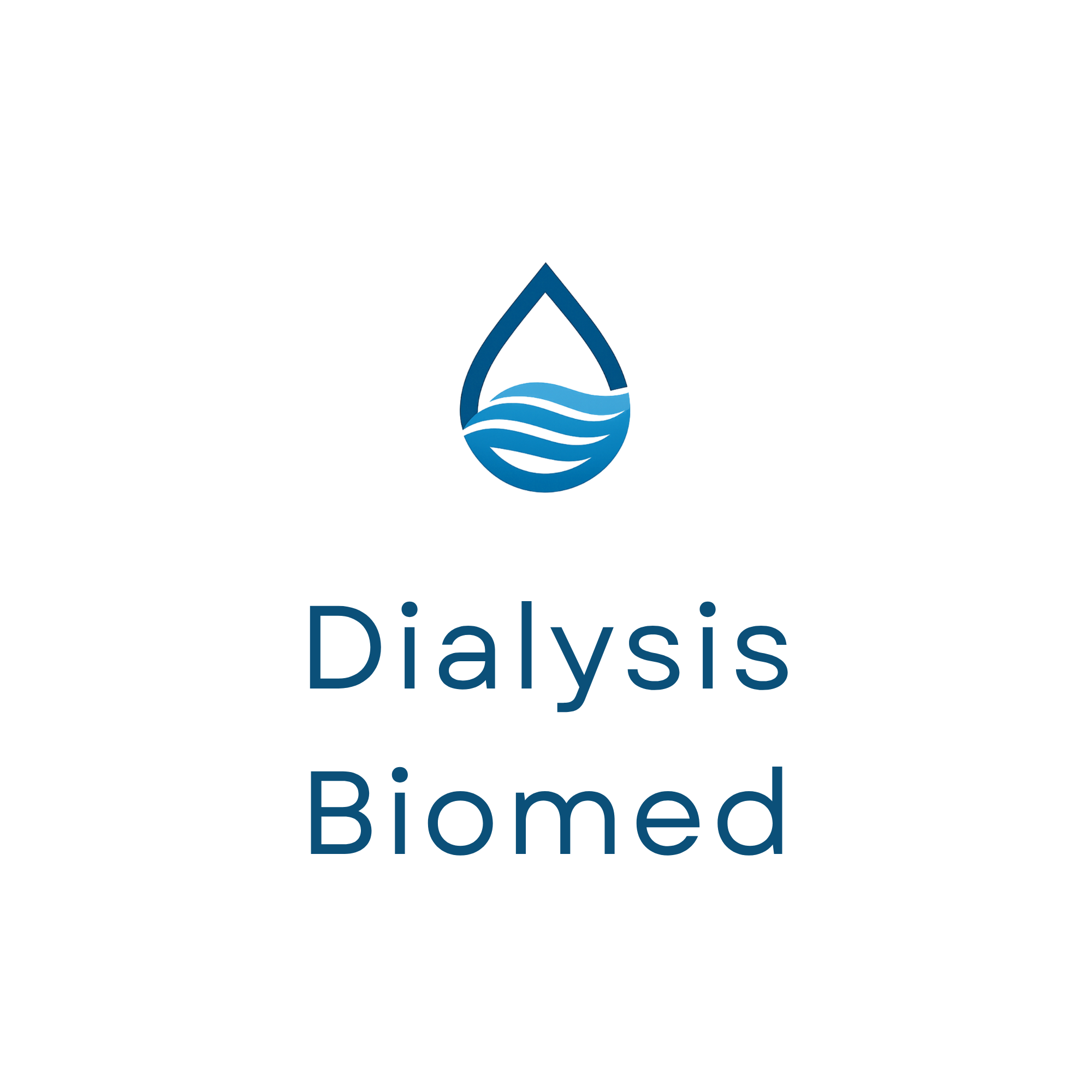 The logo features a water drop with three wavy lines inside and text that reads "Dialysis Biomed" in bold blue letters.