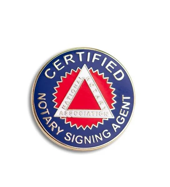 A circular badge with a blue border, gold outline, and a red and white interior. It reads 'Certified Notary Signing Agent' around the edge, with a central logo featuring a red triangle and a white border with the words 'National Notary Association' inside.