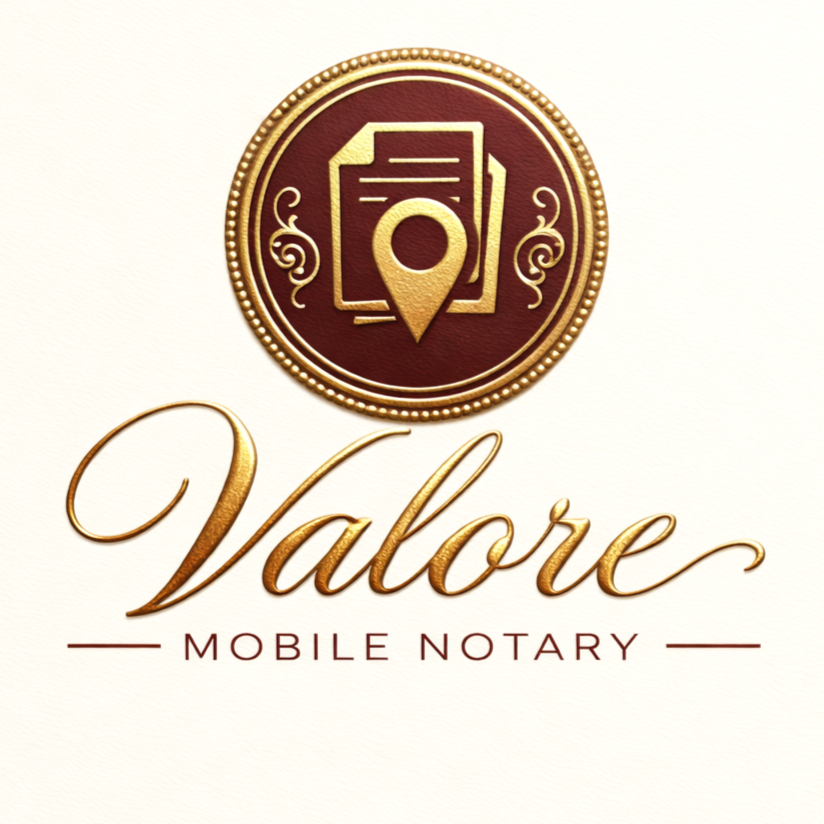 Gold and burgundy official seal with documents and location pin icon, along with the words "Valore Mobile Notary" in elegant gold script and print.