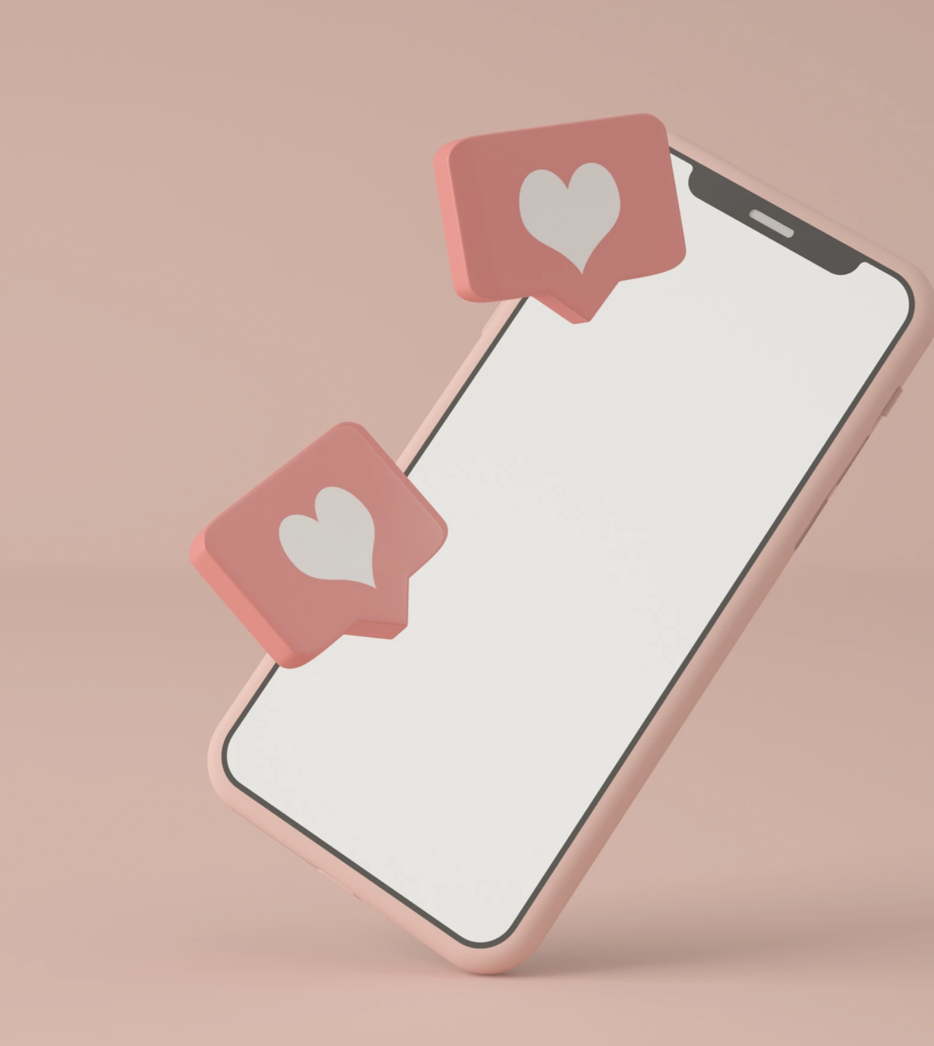 Pink background and white screen phone with reddish pink hearts show social media likes or hearts