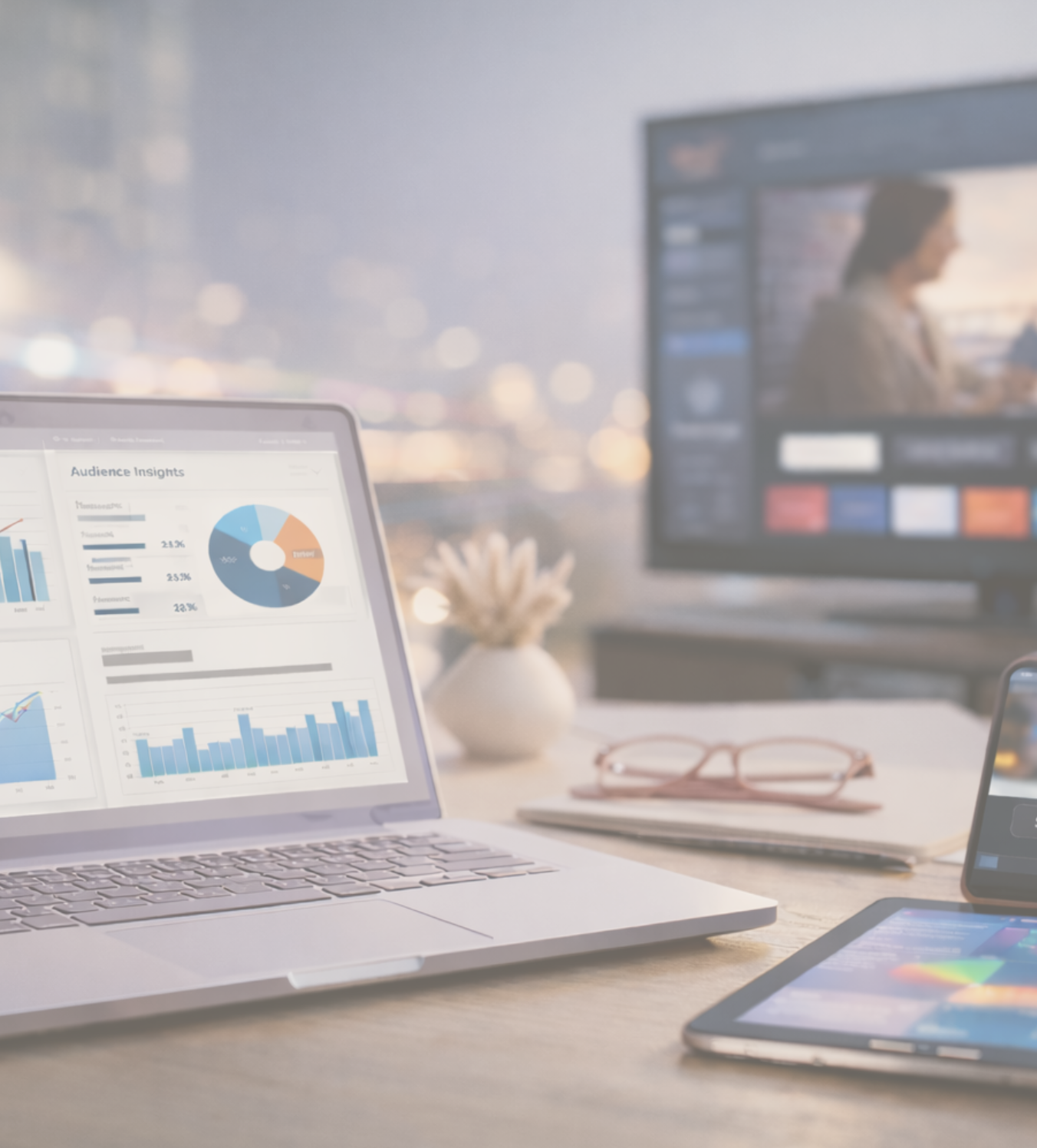 Computer with audience insights, looks like MacBook with charts and tablet by it, pink classes , lavender and bright lights in background also another device by tablet likely a phone tracking all digital, a tv in the to show programmatic advertising.