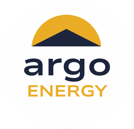 Logo for Argo Energy featuring a stylized sun with a dark blue mountain silhouette beneath it.