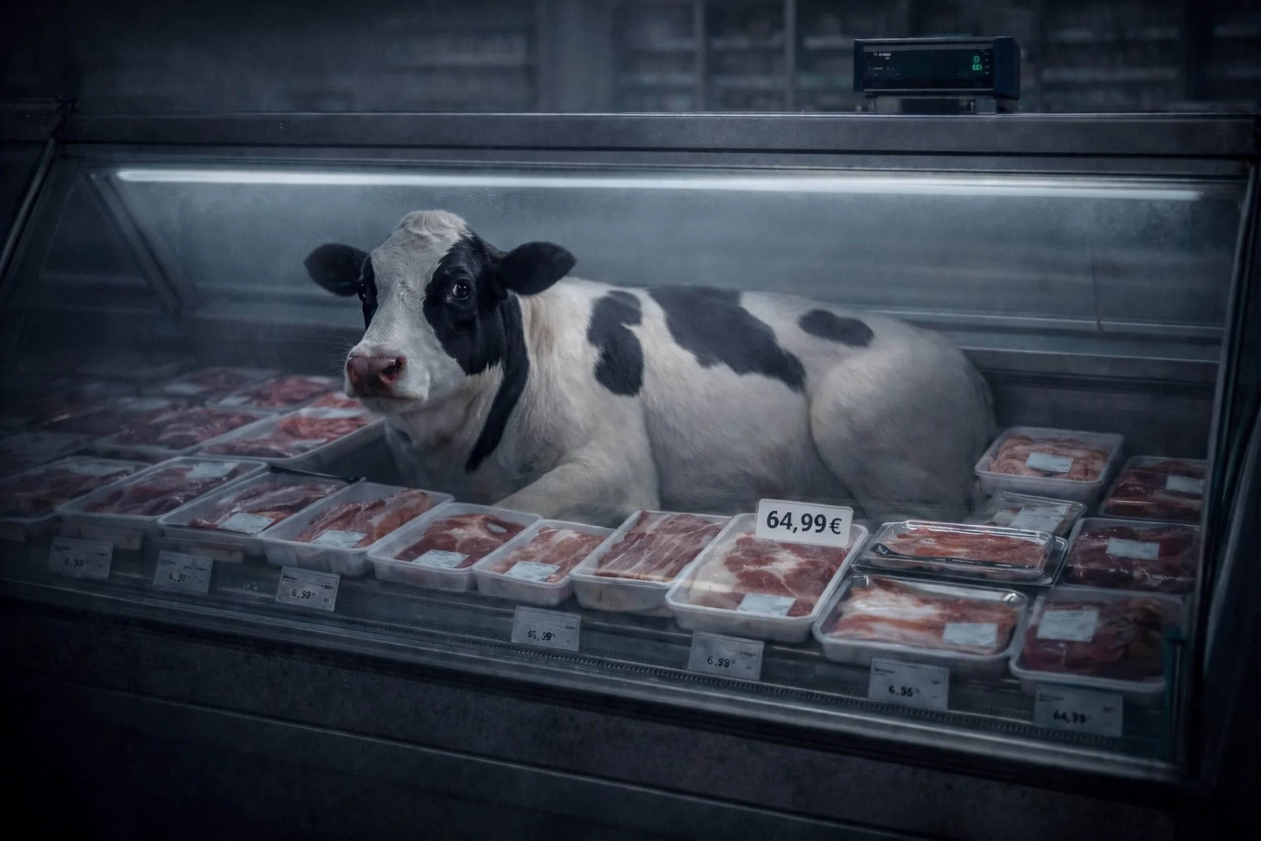 A live black-and-white cow lies inside a refrigerated meat display case surrounded by packaged cuts of meat, with a visible price label.