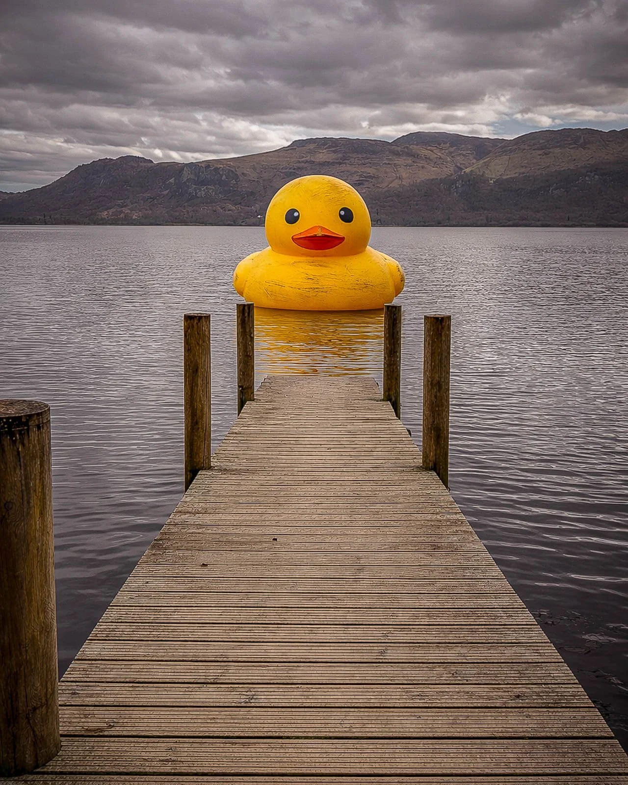 A large yellow rubber duck floats in a calm lake at the end of a wooden dock, with cloudy skies and mountains in the background.
