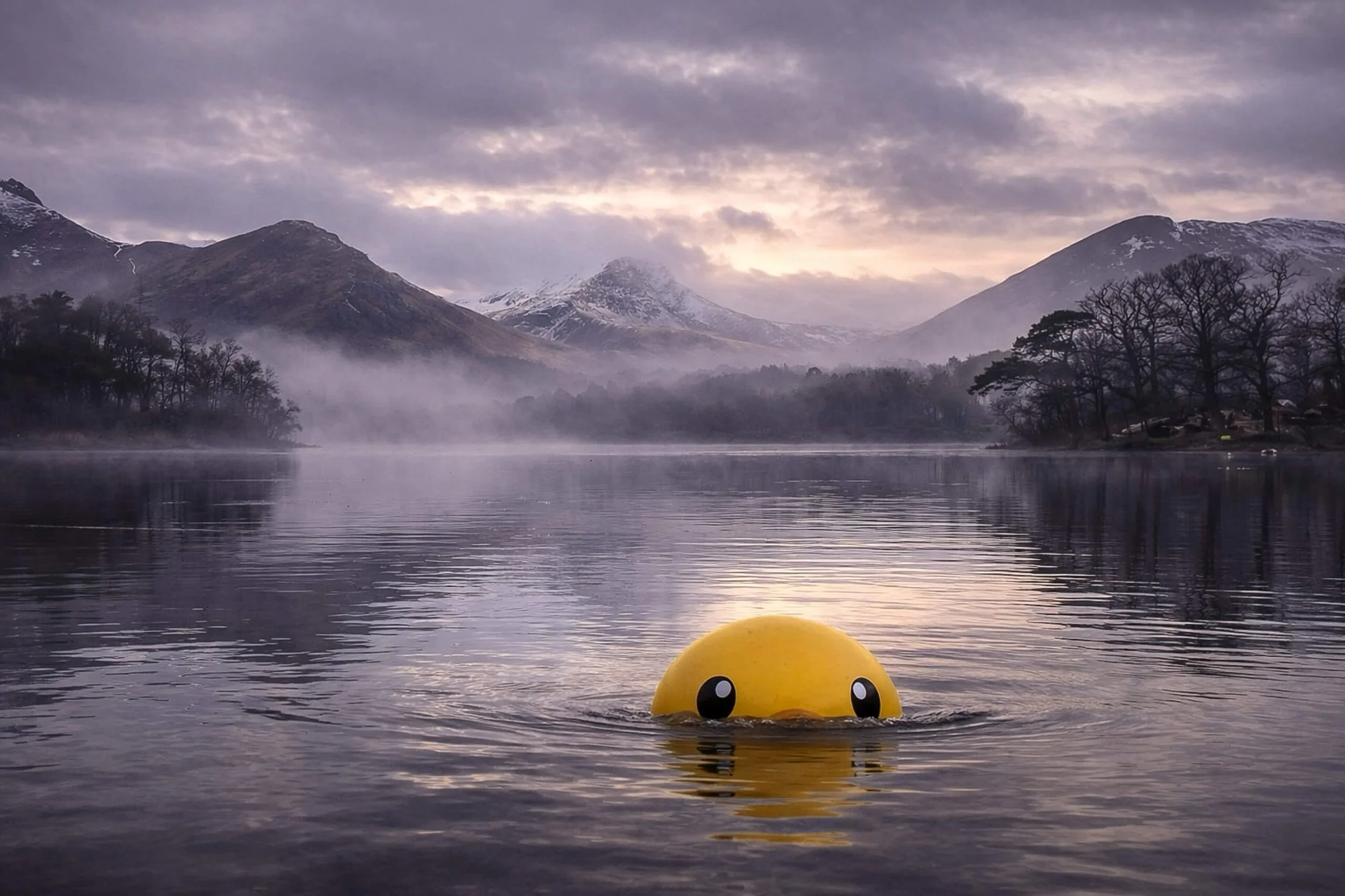 A large yellow rubber duck is mostly submerged in a misty lake, with only its eyes and top visible, set against a mountainous landscape at dusk.